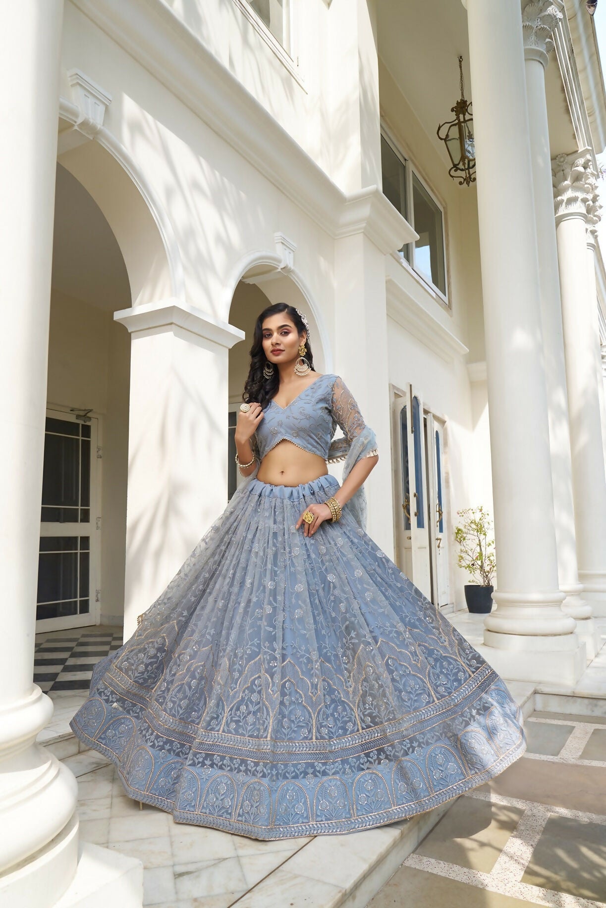Eilara Light Blue Net Threadwork Lehenga