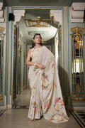 Vastranavya Off White Spectacular Georgette Printed with Pearl Lace Saree with Unstitched Blouse - Distacart