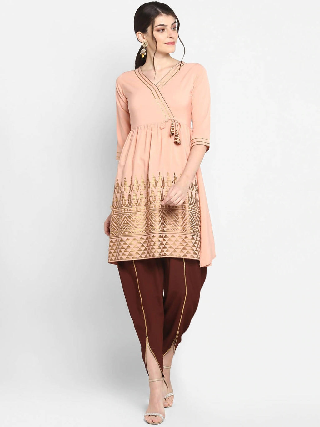 Janasya Peach-Coloured & Maroon Printed Angrakha Gotta Patti Kurta with Dhoti Pants - Distacart