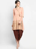 Janasya Peach-Coloured & Maroon Printed Angrakha Gotta Patti Kurta with Dhoti Pants - Distacart