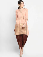 Janasya Peach-Coloured & Maroon Printed Angrakha Gotta Patti Kurta with Dhoti Pants - Distacart