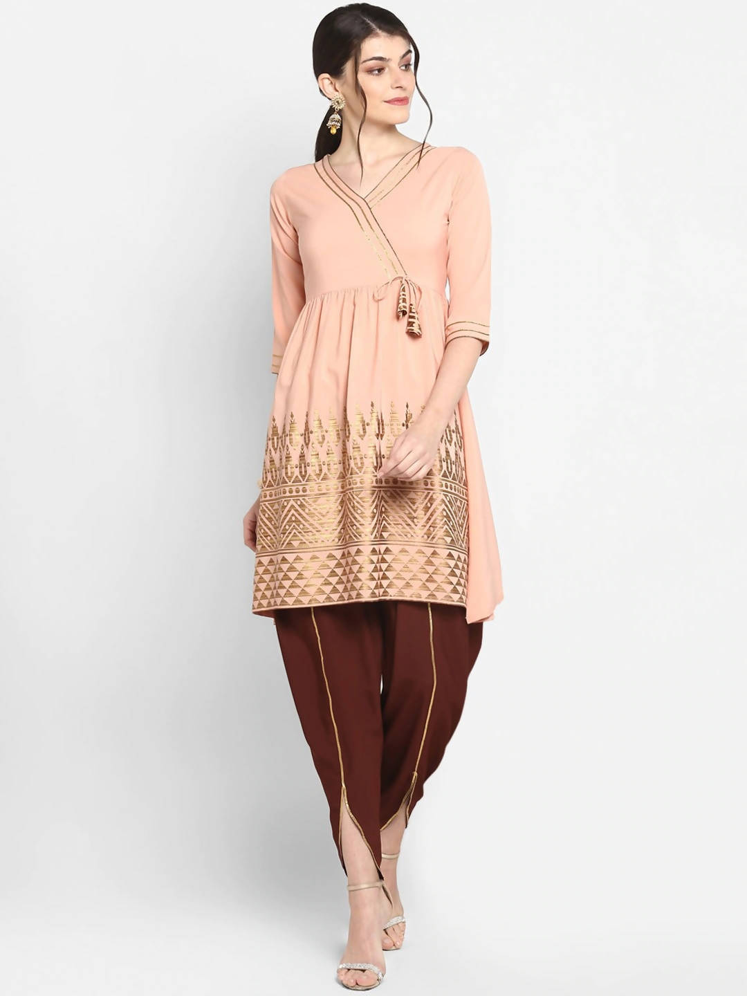 Janasya Peach-Coloured & Maroon Printed Angrakha Gotta Patti Kurta with Dhoti Pants - Distacart