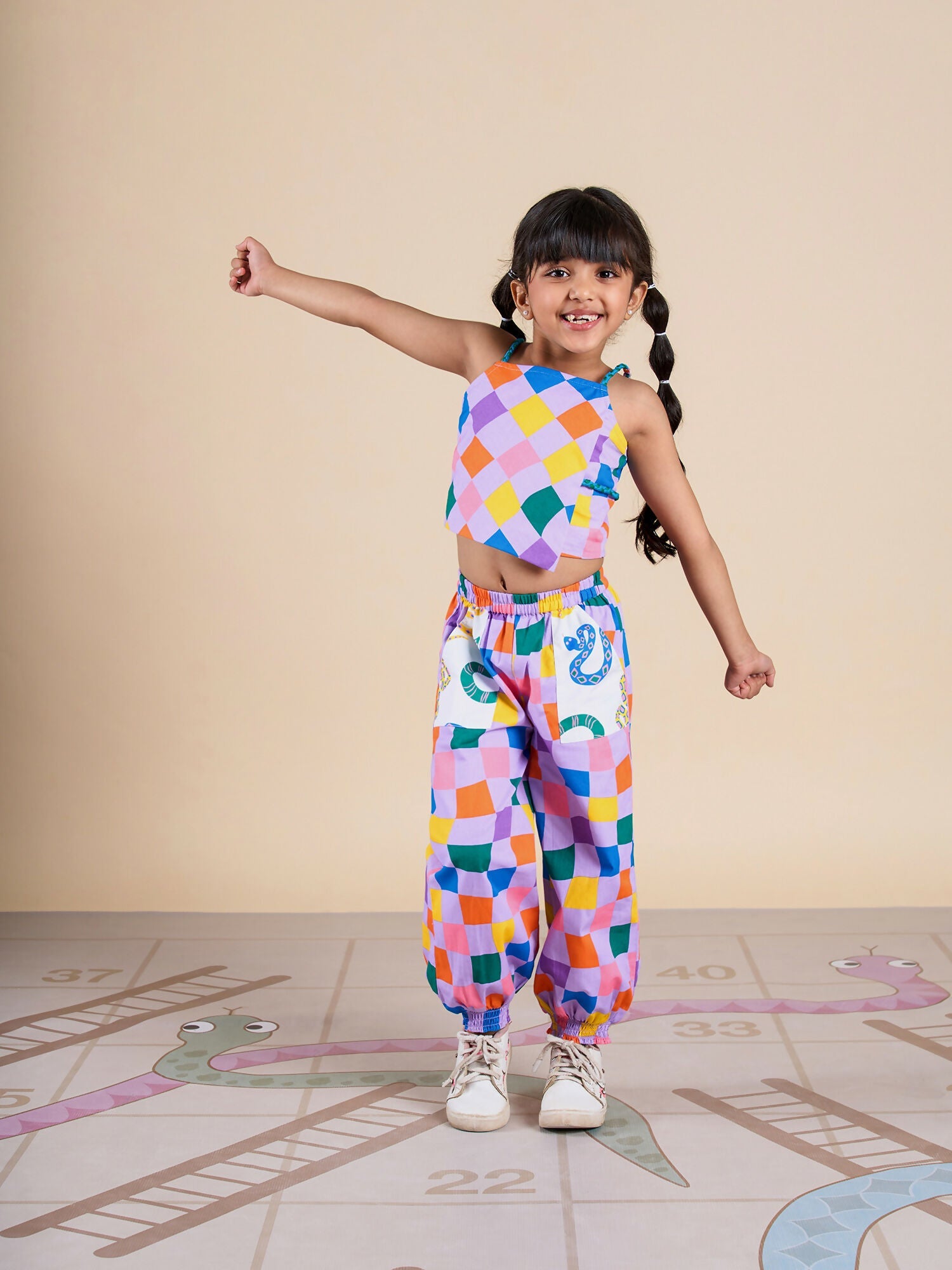 Snakes and Ladders Girls Multi Color Rotary Print Top and Pant Set from Siblings Collection