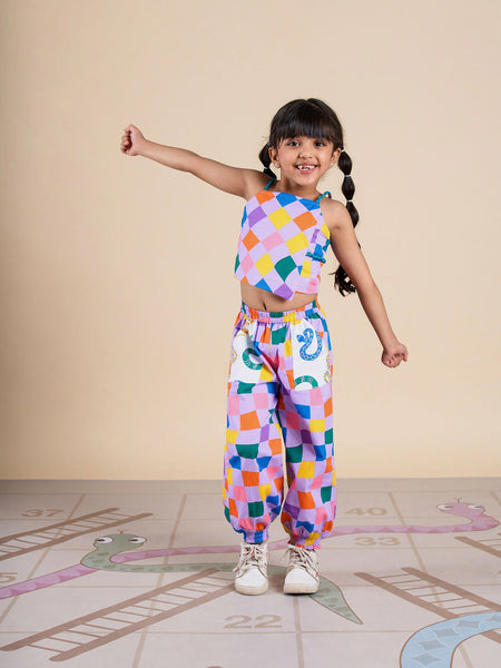 Snakes and Ladders Girls Multi Color Rotary Print Top and Pant Set from Siblings Collection