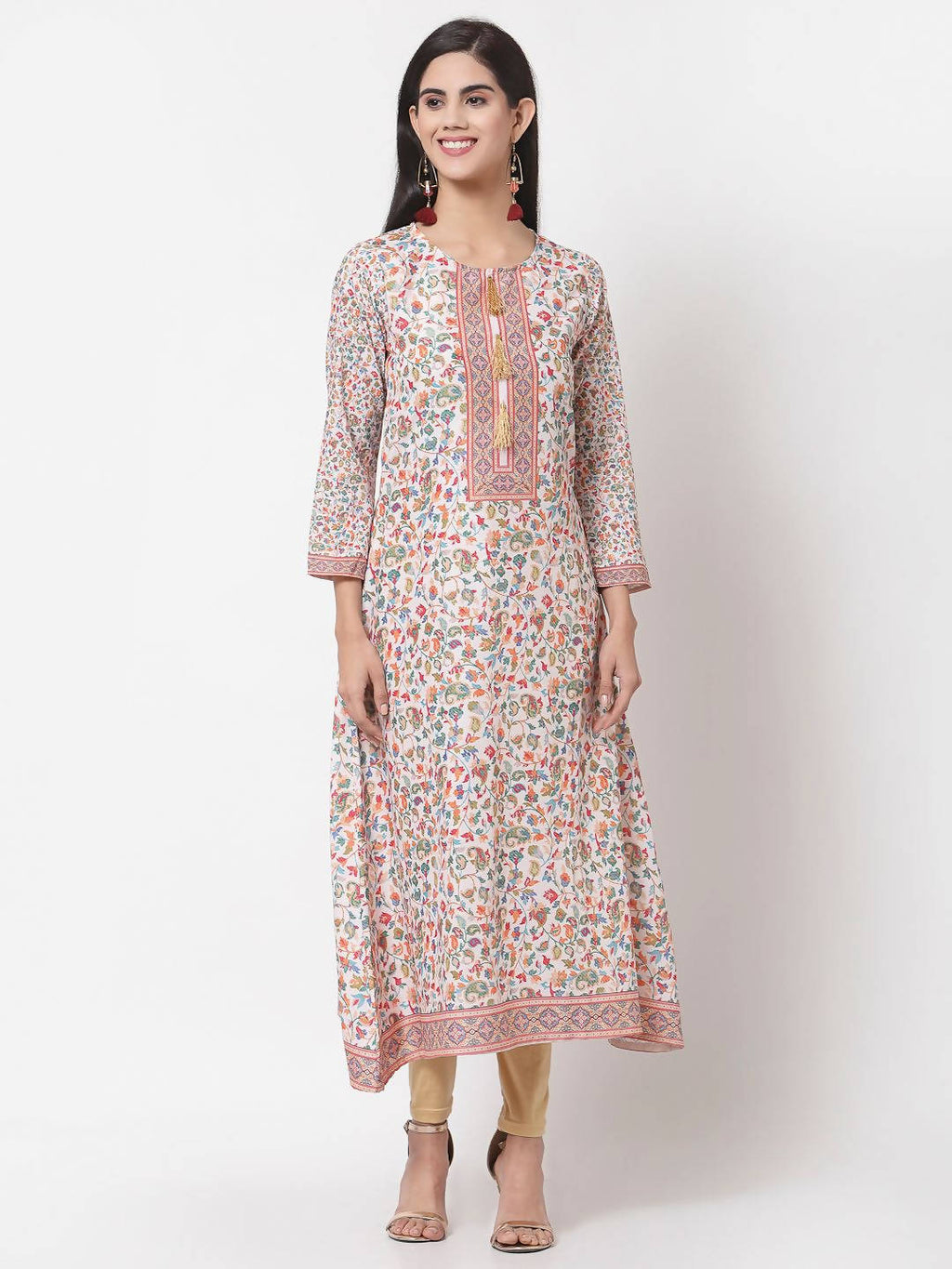 Myshka Multi Cotton Printed Full Sleeve Round Neck Casual Kurta