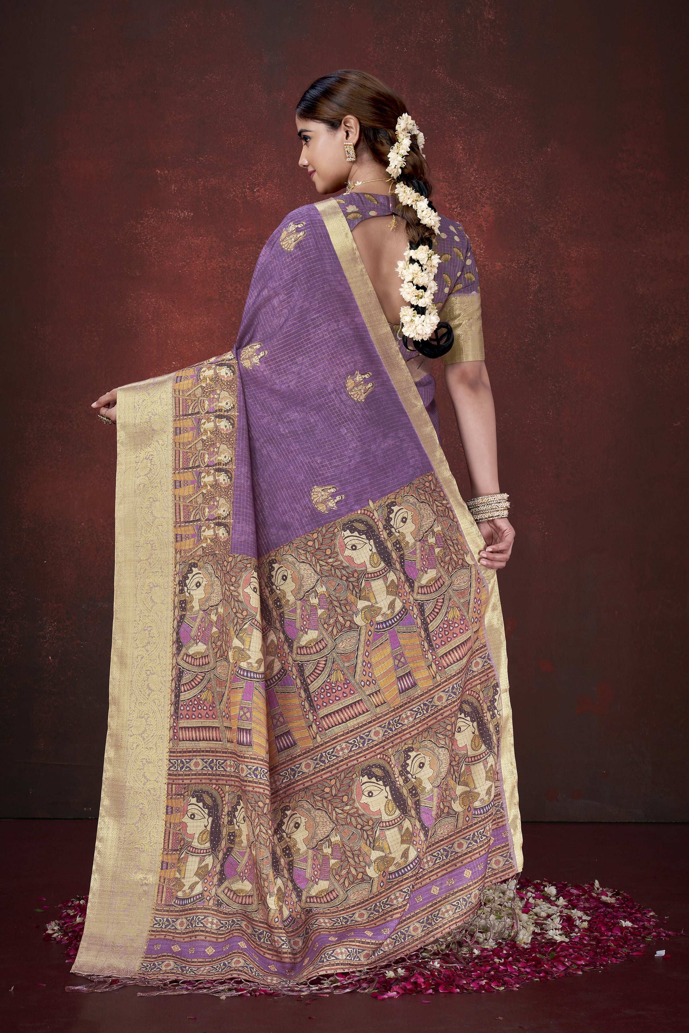 Purple Poly Habotai Silk Foil Print Saree with Unstitched Blouse - Kathari