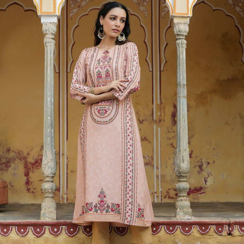 Juniper Women's Peach Rayon Staple Printed A-Line Kurta - Distacart
