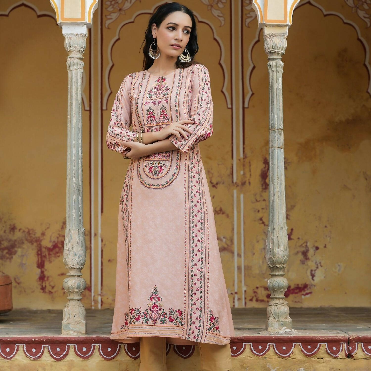Juniper Women's Peach Rayon Staple Printed A-Line Kurta - Distacart