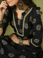 Myshka Women's Black Printed Cotton Straight Party Kurta Set