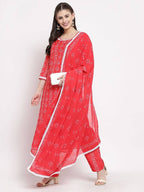 Myshka Women's Red Cotton Printed 3/4 Sleeve Round Neck Casual Kurta Pant Dupatta Set