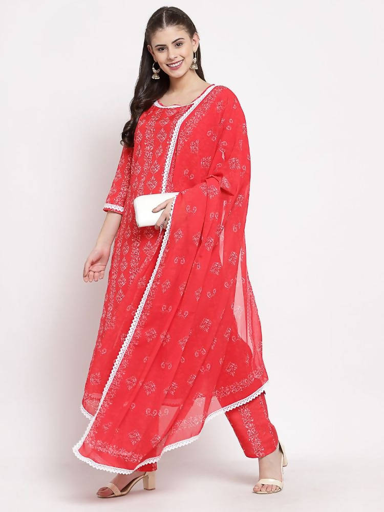 Myshka Women's Red Cotton Printed 3/4 Sleeve Round Neck Casual Kurta Pant Dupatta Set