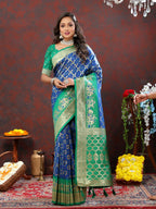 Vastranavya Royal Blue Soft Patola Silk With Meenakari Weaving Motifs And Rich Zari Weaving Pallu Saree With Matching Blouse Fabric