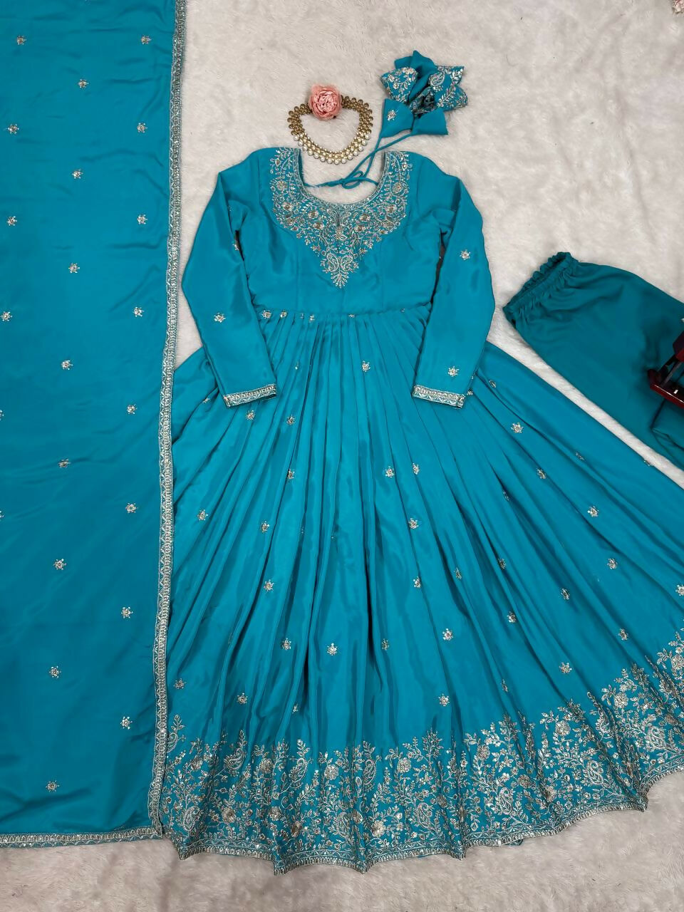 The52 Women's Beautiful American Silk Fabric Embroidery Work Flared Anarkali Pant and Dupatta Set - Distacart