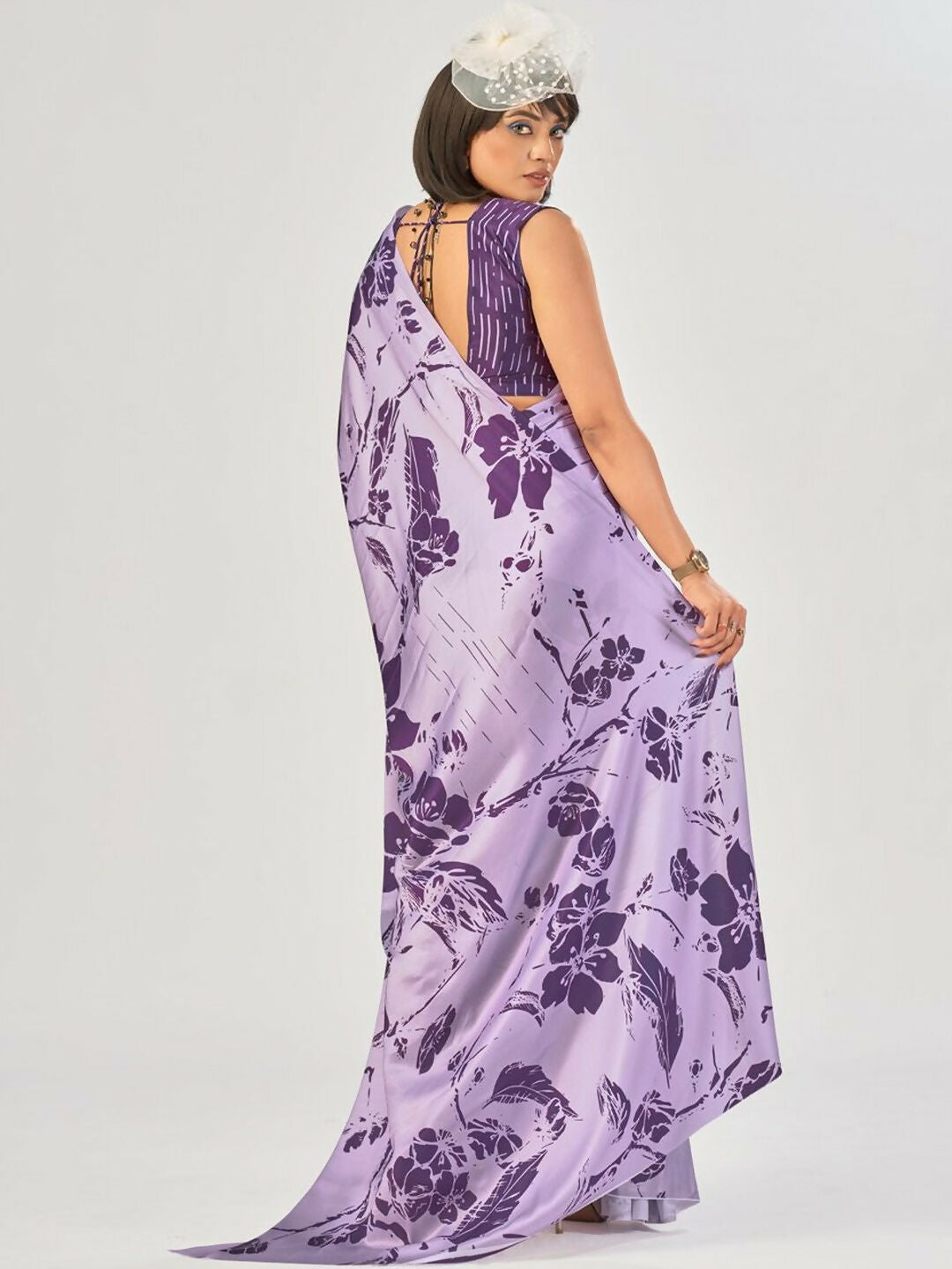 Vastranavya Lavender Satin Silk Elegant Printed Saree with Unstitched Blouse - Distacart