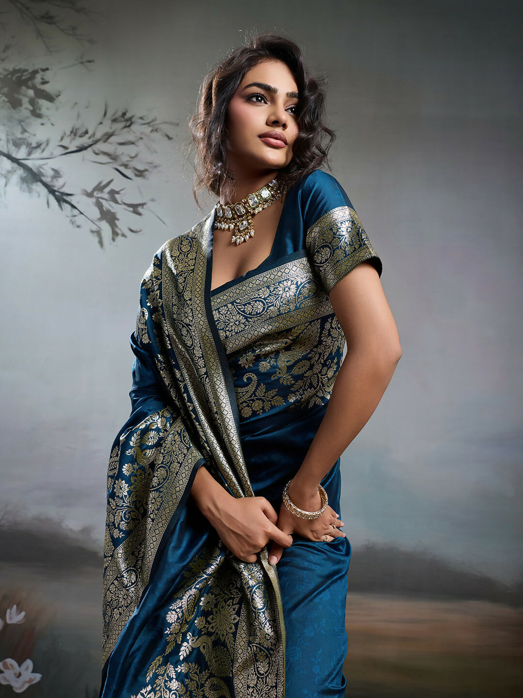 Shree Shyam Fashion Navy Blue Silk Blend Saree - Distacart