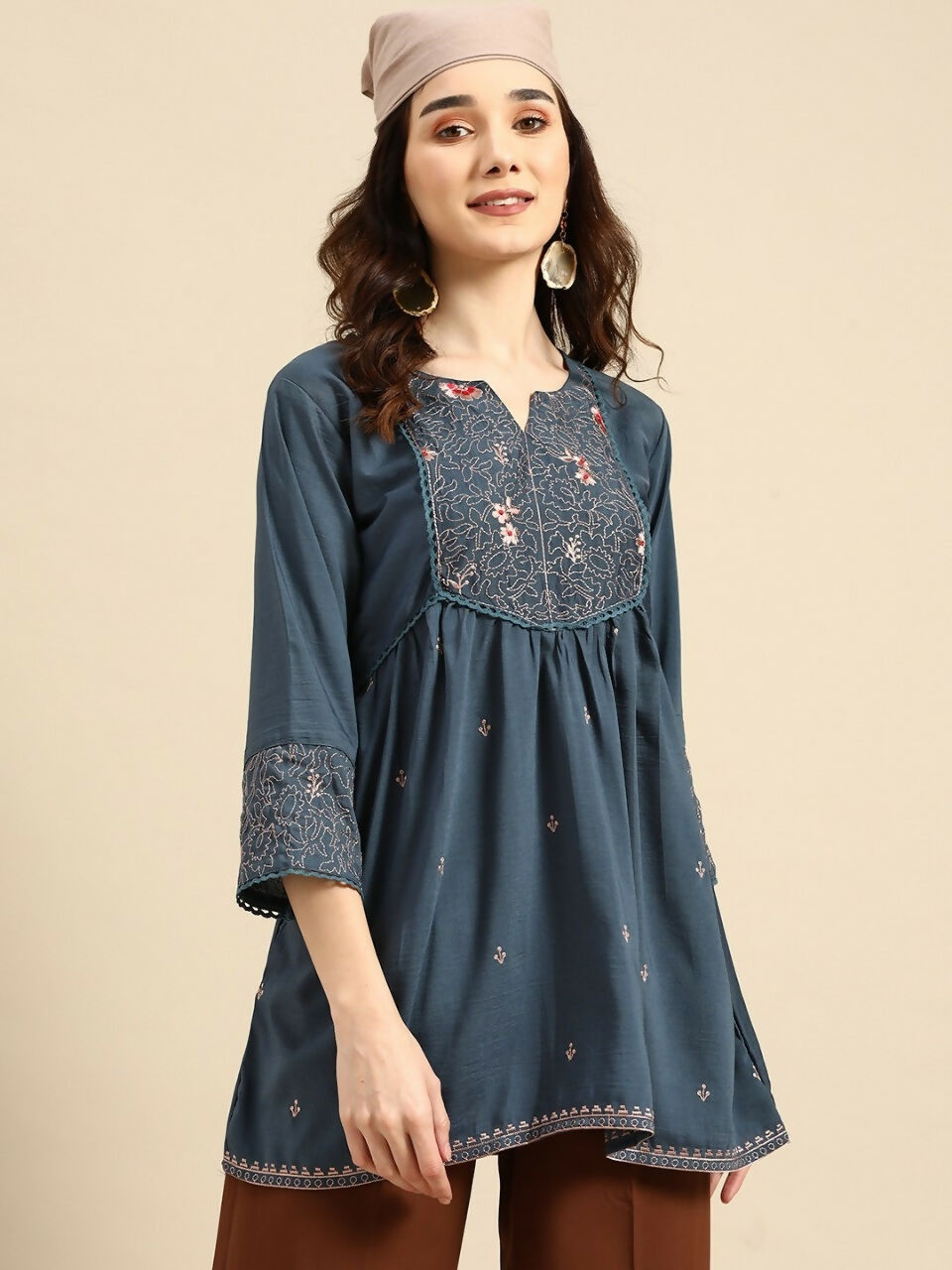Women's Turquoise Blue Viscose blend Embroidered Short Top - Marina