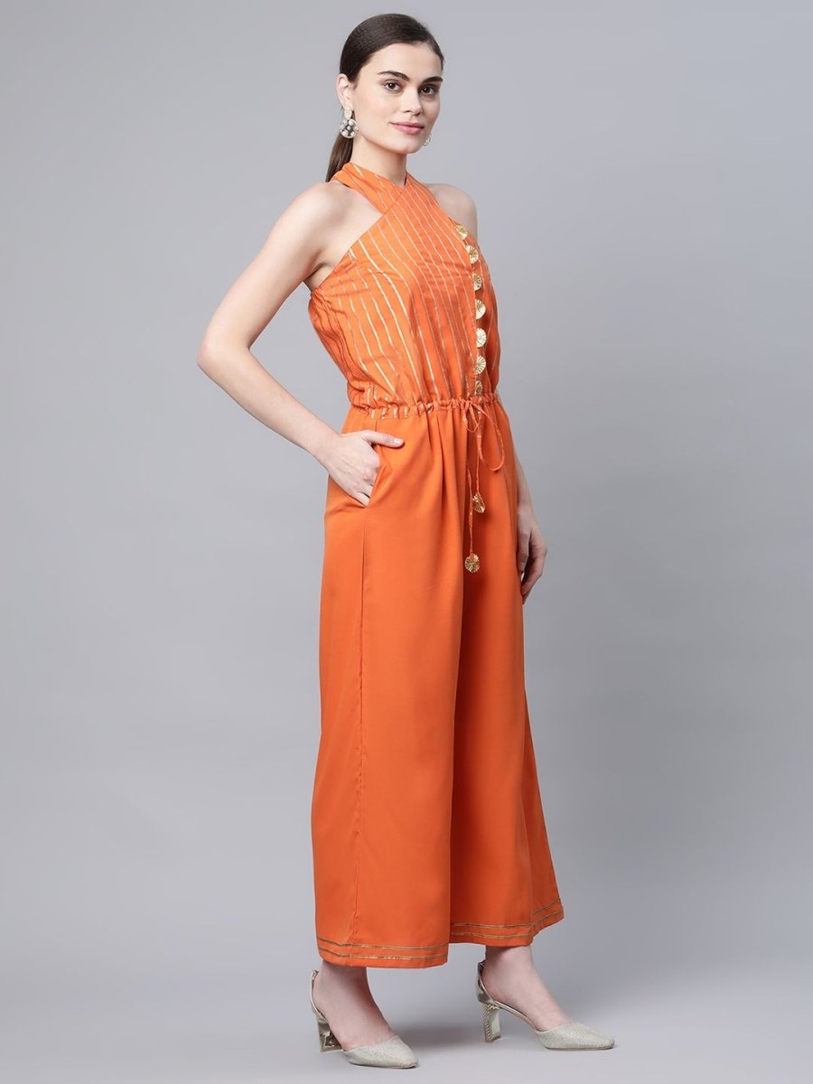 Ahalyaa Womens Orange Crepe Gold Stripped Print Jumpsuit - Distacart