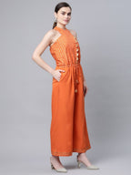 Ahalyaa Womens Orange Crepe Gold Stripped Print Jumpsuit - Distacart