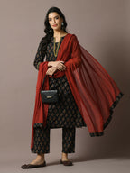 Myshka Women's Black Printed Cotton Straight Party Kurta Set With Dupatta