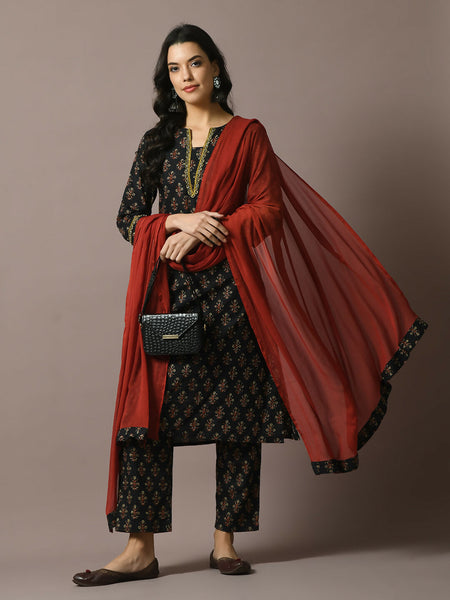Myshka Women's Black Printed Cotton Straight Party Kurta Set With Dupatta