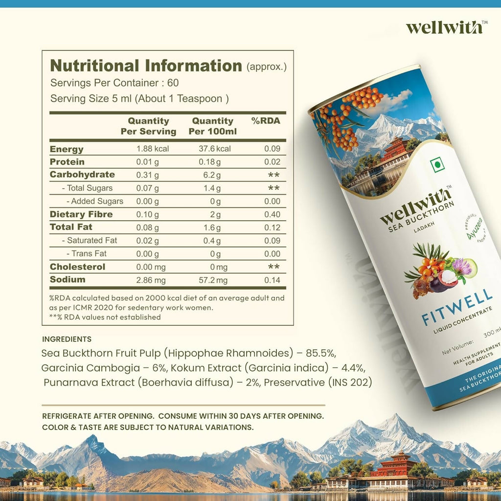 Wellwith Fitwell Juice – Himalayan Sea Buckthorn + Garcinia, Kokum & Punarnava - Distacart
