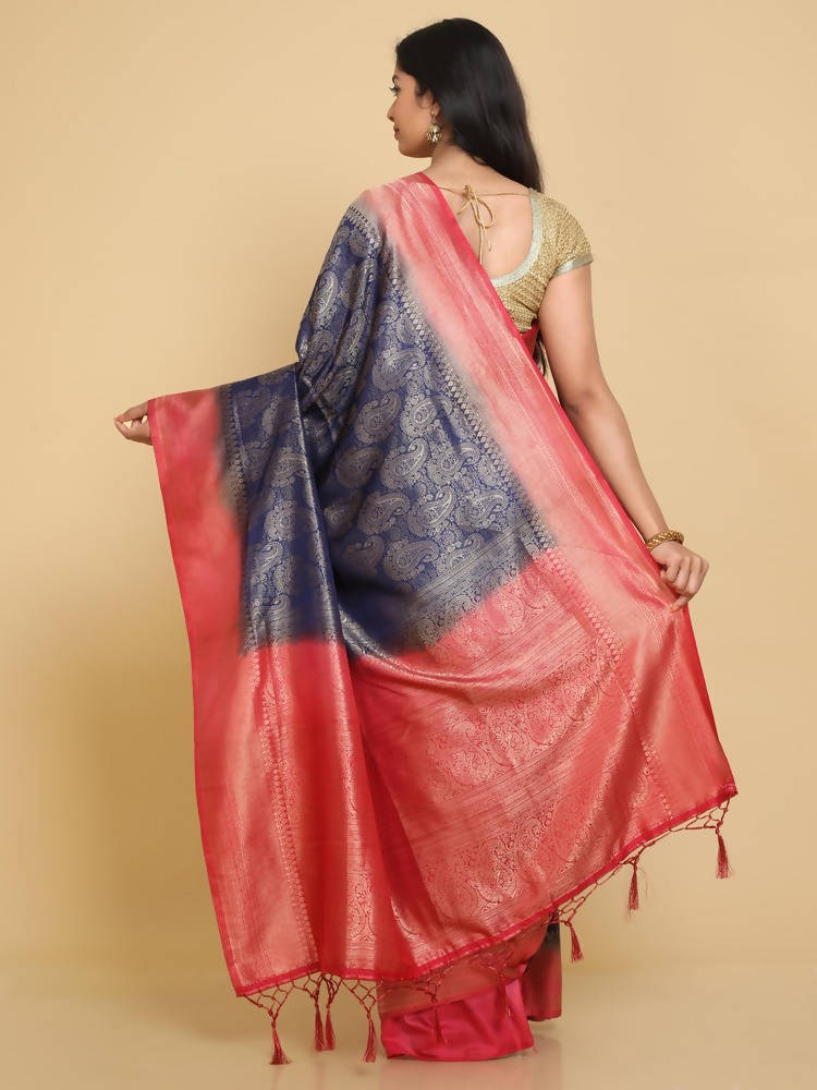 Kalamandir Ethnic Motifs Dark Blue Silk Blend Saree