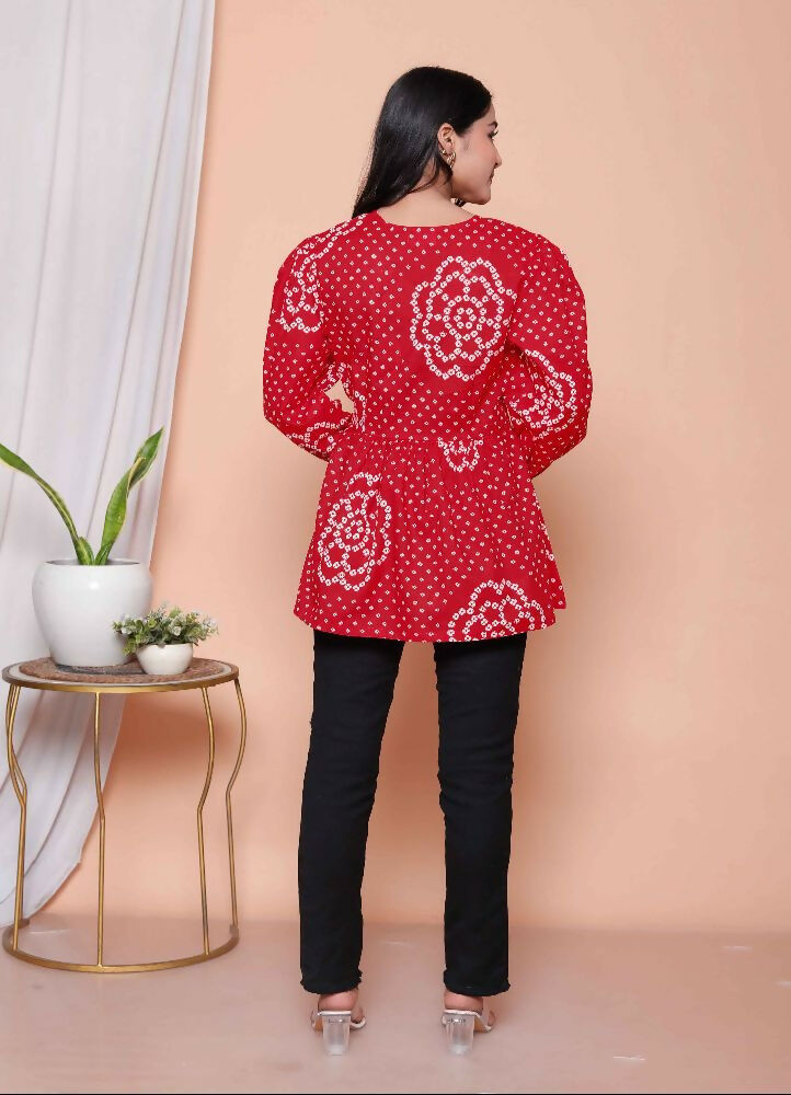Miravan Womens Red Bandhani Printed Cotton Butterfly Design Top