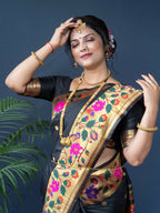 Jyoti Fashion Women's Black Paithani Silk Zari Woven Saree with Blouse