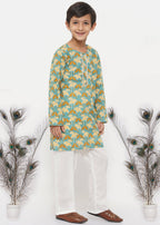 Little Bansi Boys Cotton Bird Print Kurta with Pearl Buttons & Pyjama -Blue & Cream