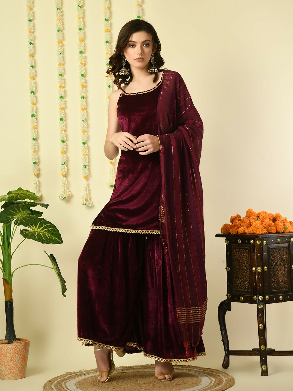 Myshka Women's Magenta Velvet Kurti & Sharara With Dupatta Party Sets