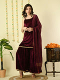 Myshka Women's Magenta Velvet Kurti & Sharara With Dupatta Party Sets