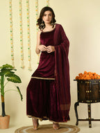 Myshka Women's Magenta Velvet Kurti & Sharara With Dupatta Party Sets