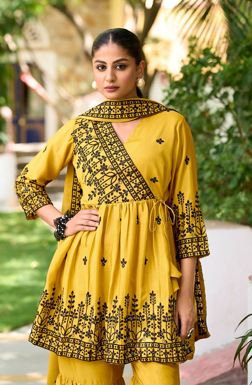 Anaita Yellow Chinon Readymade Sharara Suit with Embroidery Work - Distacart