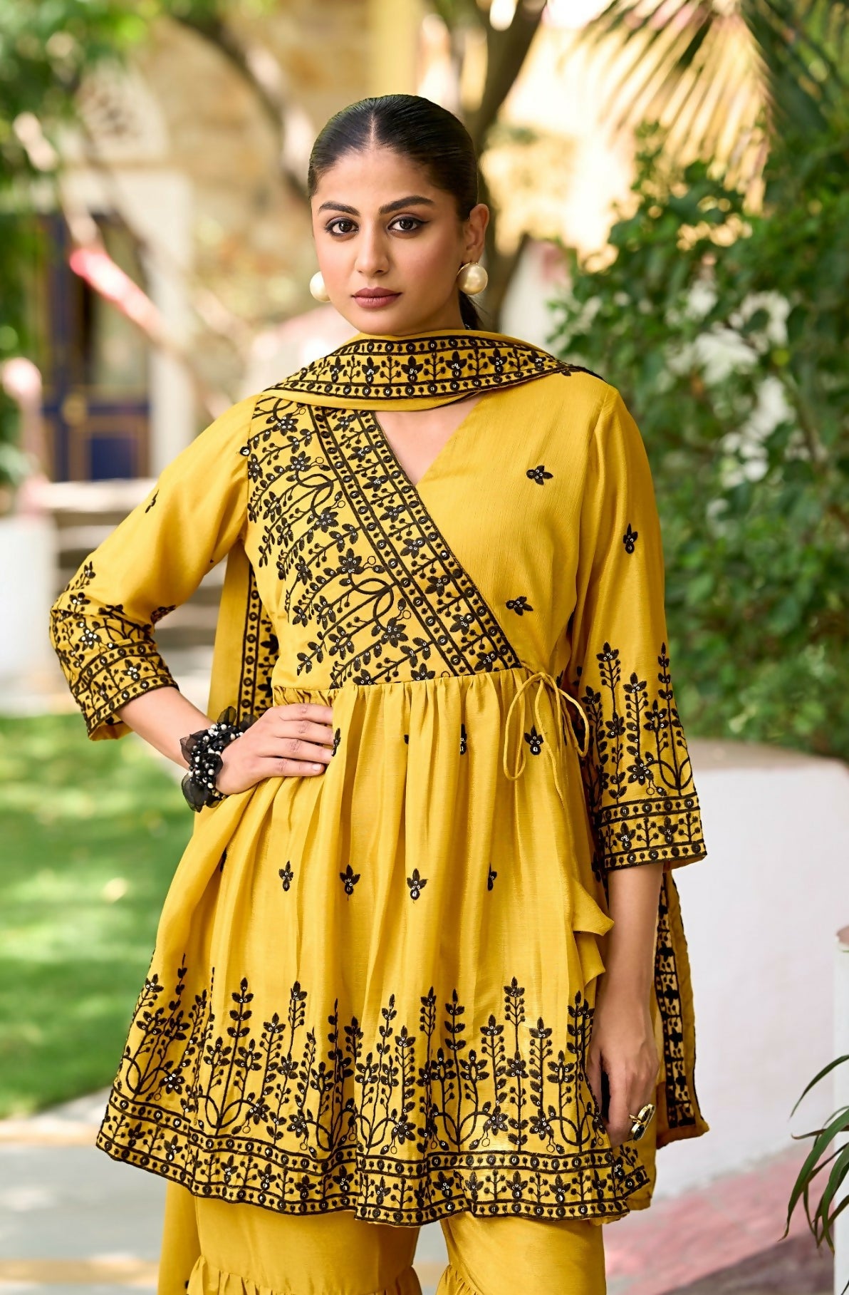 Anaita Yellow Chinon Readymade Sharara Suit with Embroidery Work - Distacart