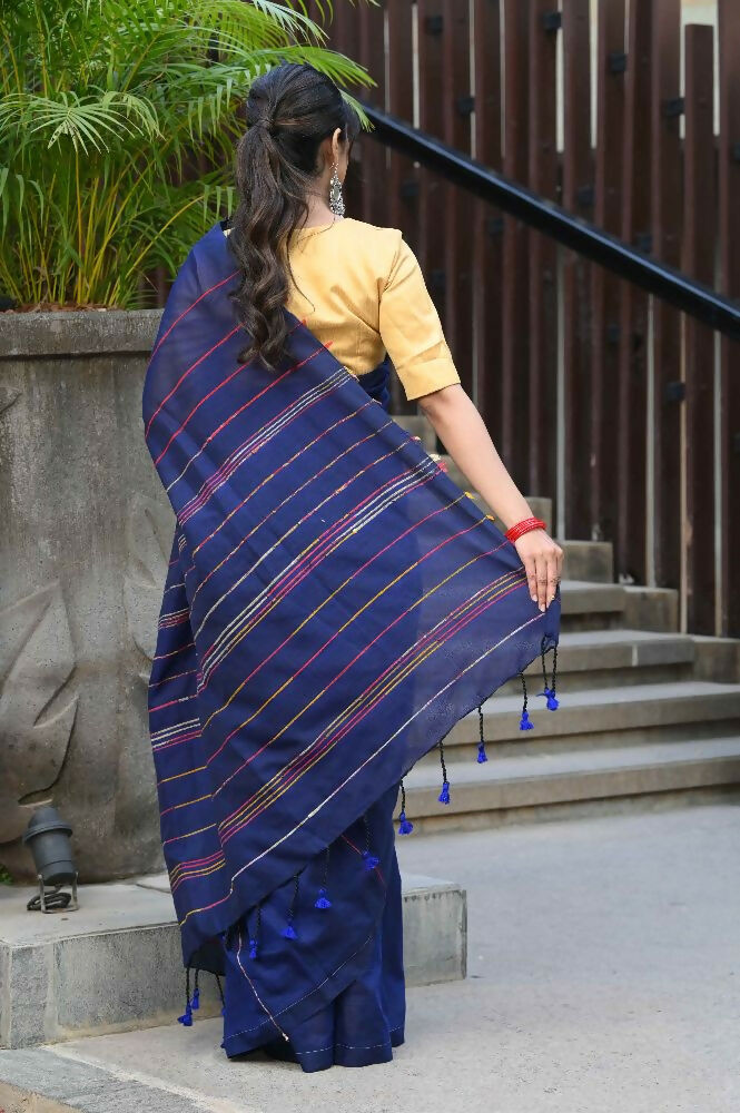 Beatitude Blue Khadi Ghicha Stripes Saree