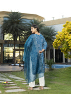 Joban Fashion Blue Cotton Premium Pure Viscose Print Dola With Handwork Kurta set