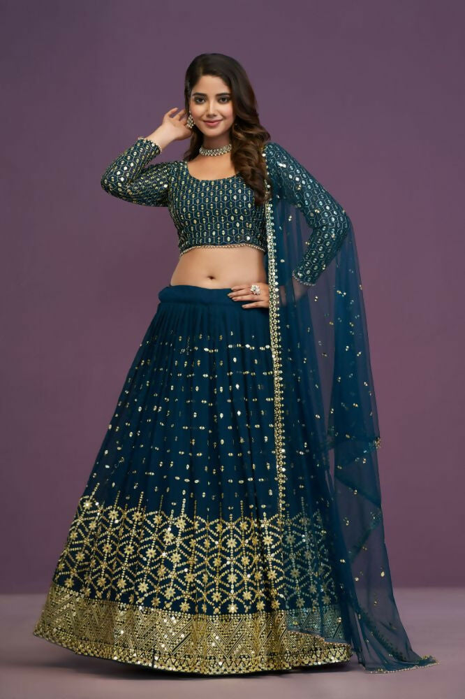 Blue Georgette Embroidery Sequence Work Lehenga Choli Set - Jihu Culture