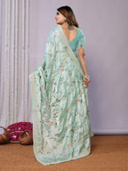 Blue Satin Silk Embroidered Saree With Stitched Blouse - Nimaya Kaksha