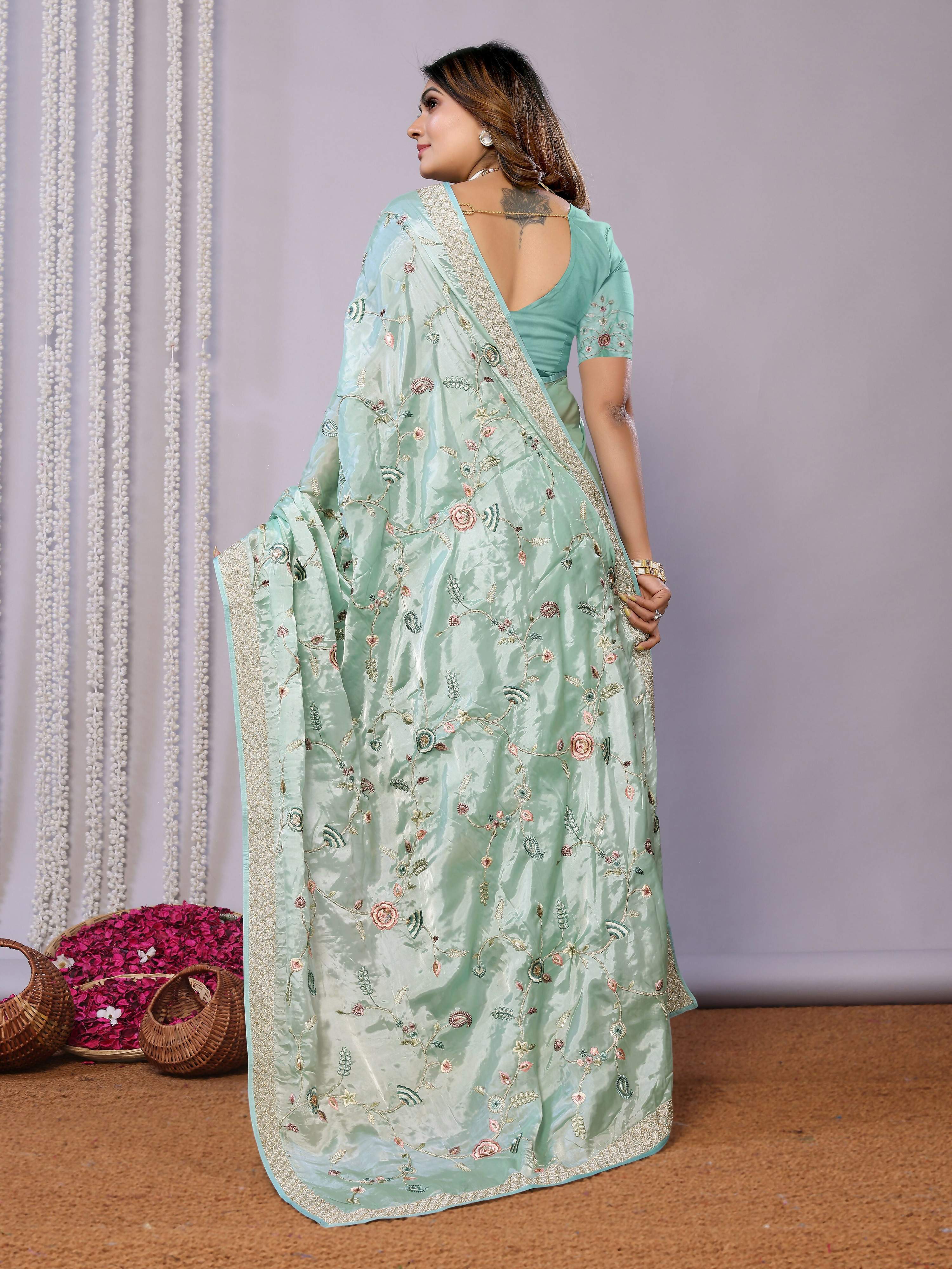 Blue Satin Silk Embroidered Saree With Stitched Blouse - Nimaya Kaksha