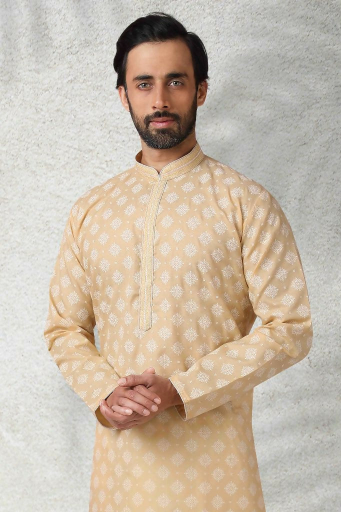 Raivat Ethnic Cotton Printed Work Kurta Pajama In Beige Colour