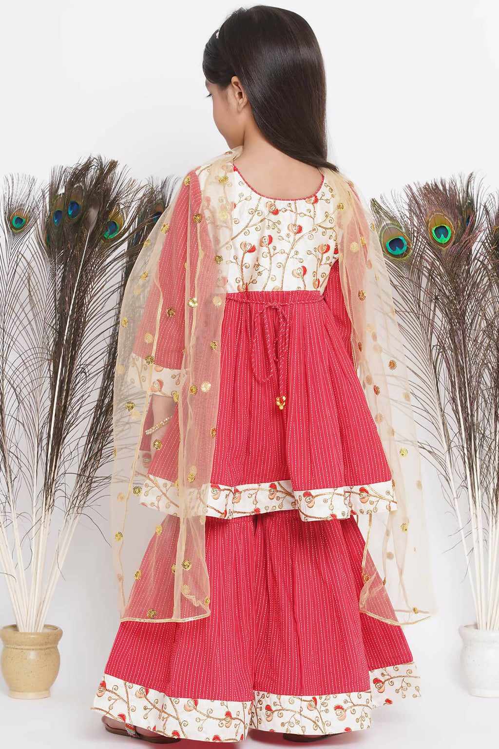Little Bansi Floral Embroidery Jacket With Cotton Kantha Frock Sharara And Dupatta With Ghungroo Handwork - Red