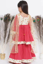 Little Bansi Floral Embroidery Jacket With Cotton Kantha Frock Sharara And Dupatta With Ghungroo Handwork - Red