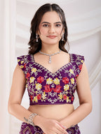 Voilet Vichitra Silk Bandhani Printed, Embroidery Work Saree - Ditya