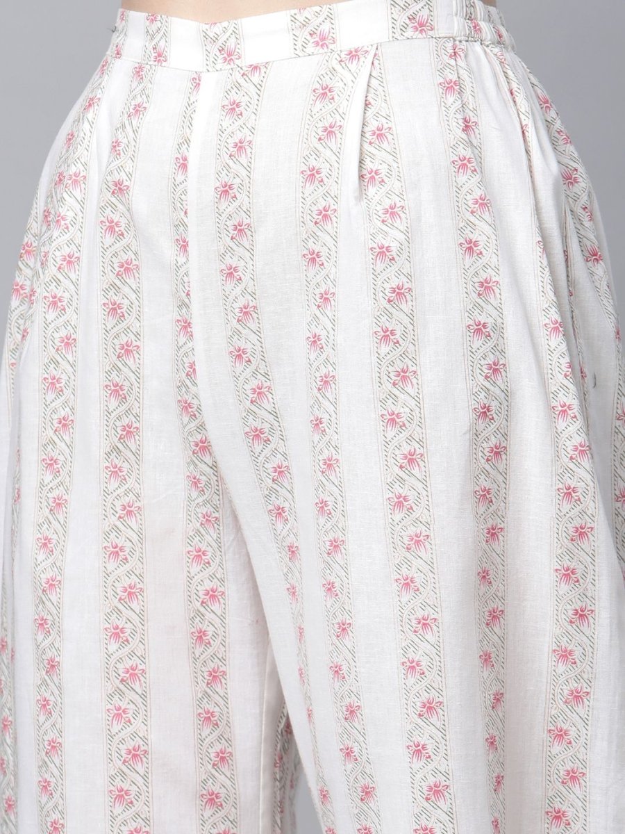 Ahalyaa Women's Off White Pure Cotton Printed Kurta Palazzo Set