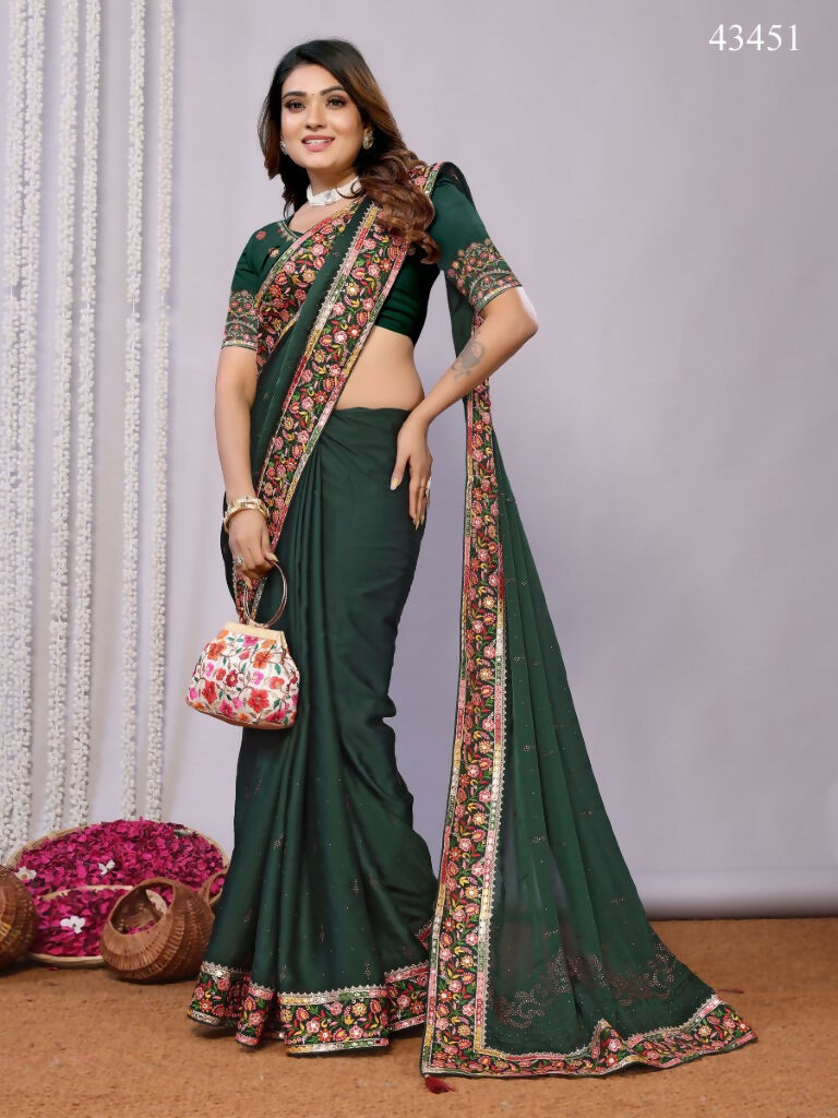 Green Silk Georgette Resham And Zari Embroidery Stone Handwork Saree - Norita Saumya