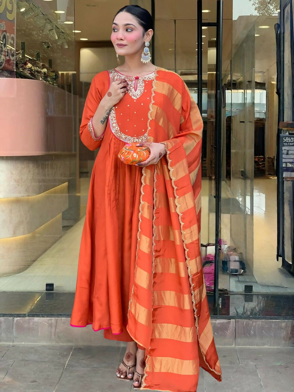 The52 Rust Women's Gorgeous Embroidered Work Chanderi Fabric Flared Kurta Pant and Dupatta Set - Distacart