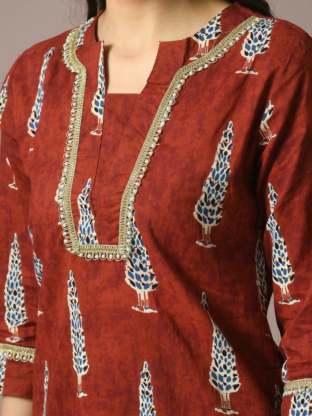 Myshka Women's Rust Printed Cotton Straight Party Kurta Set