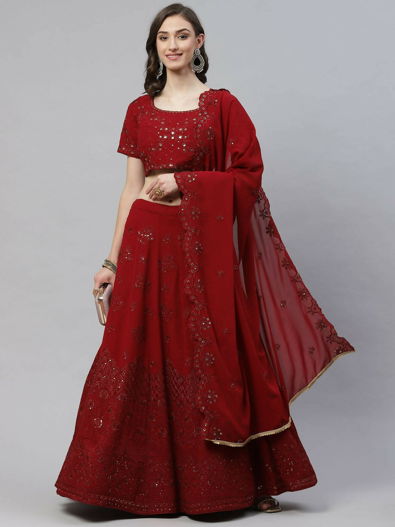 Maroon Georgette Thread with Sequins Embroidered work Lehenga Choli with Dupatta - Jivika