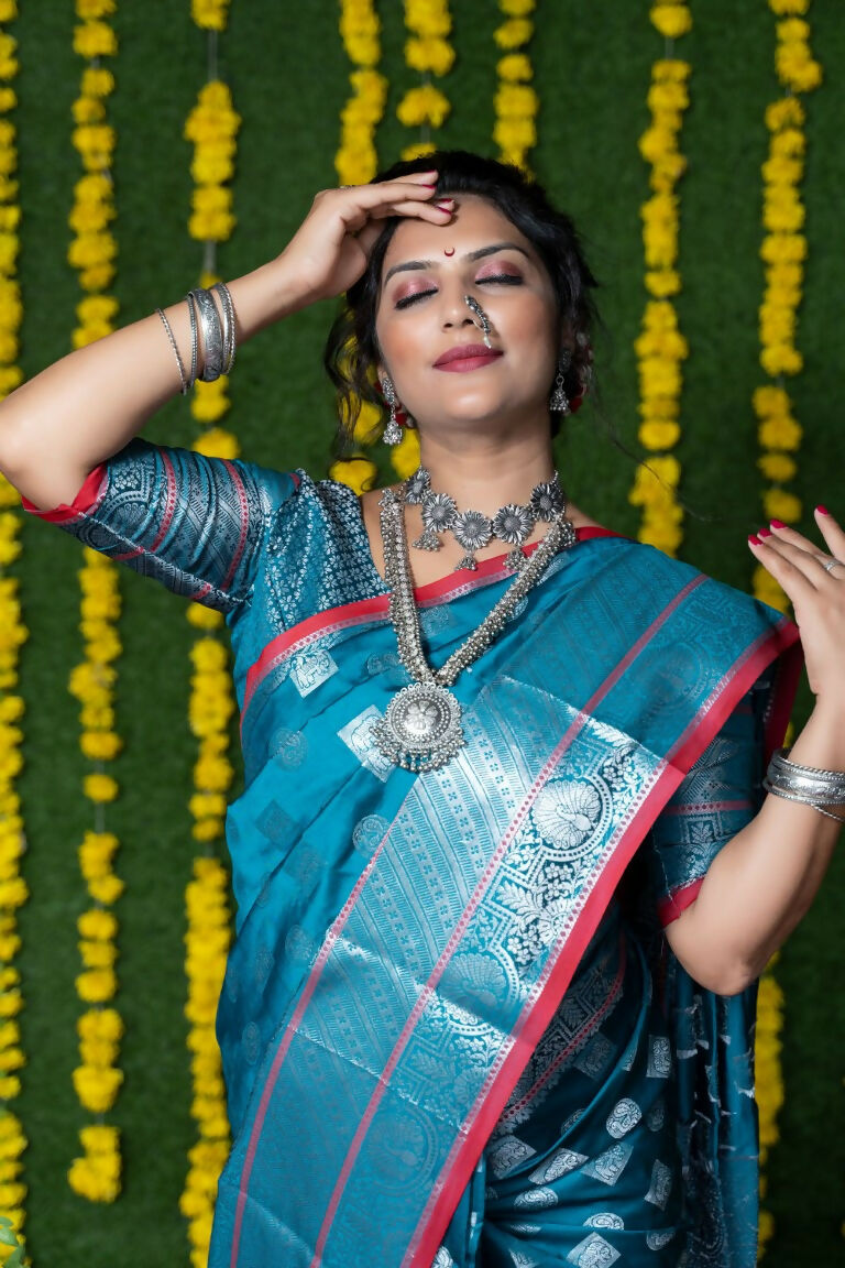 Jyoti Fashion Women's Teal Soft Handloom Silk Zari Woven Saree with Blouse