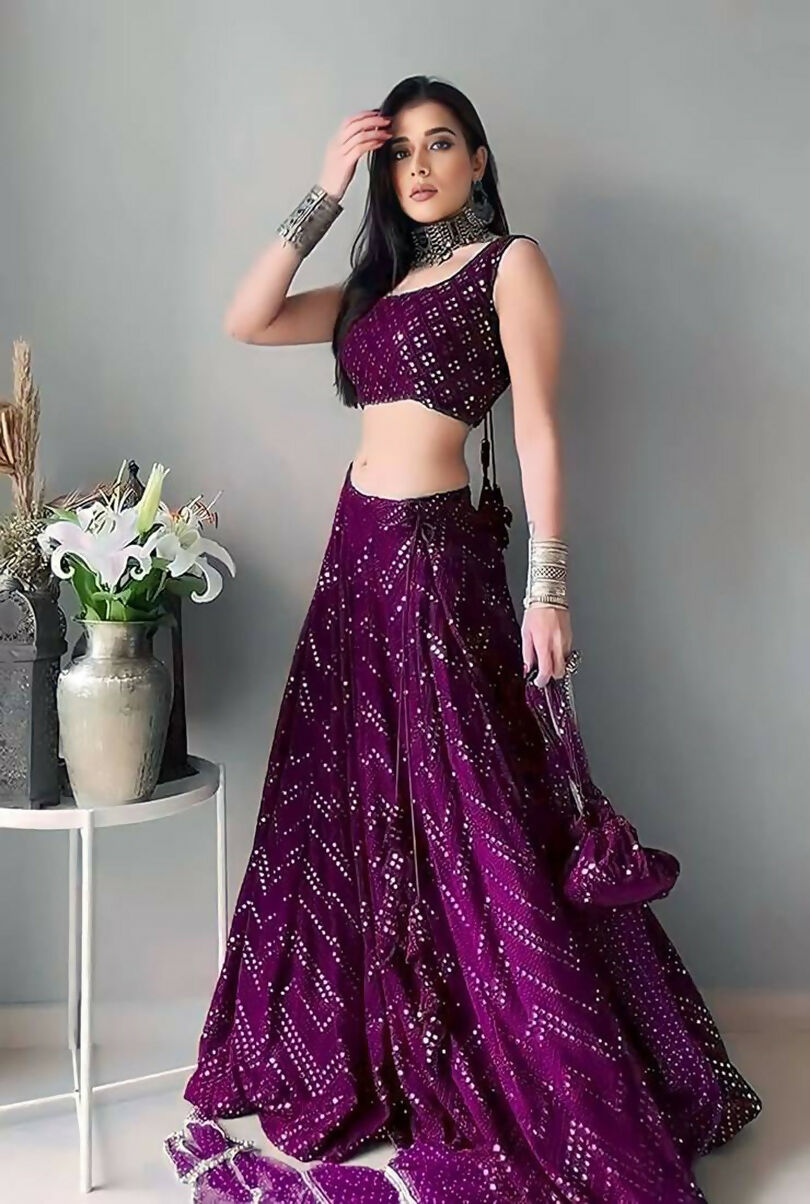 Jyoti Fashion Wine Thread Embroidery Faux Georgette Designer Lehenga Choli with Dupatta